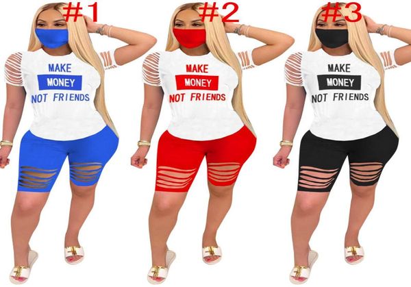 Femmes d'été Survêtement gagner de l'argent pas des amis lettre Rippled Holes 2pcs shorts Set T-shirt Biker Shorts Designer Outfit Sweatsui8436511