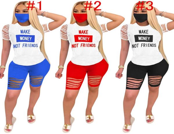 Femmes Summer Tracksuis Make Money Not Friends Letter Lapped Holes 2pcs Shorts Set T-shirt Biser Shorts Designer tenue Sweatsui7455016