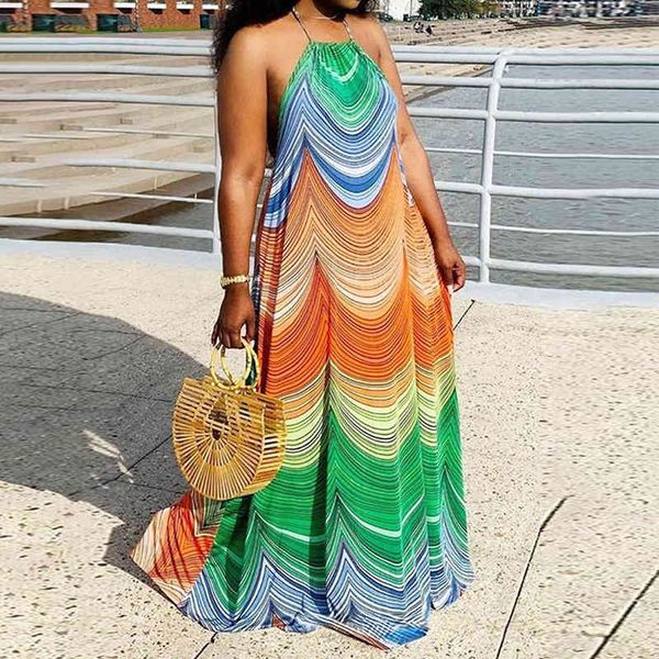Femmes été vacances plage vagues coloré licou longue robe Maxi robes pour femmes grande taille 210521