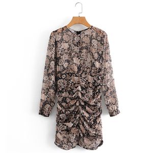 Femmes Summer Vinatge Mousseline de soie Robe plissée à manches longues O-Cou Floral Imprimer Femme Élégante Sexy Mini Robes Vêtements Robes 210513