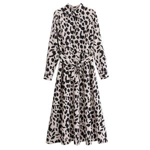 Mujeres verano vintage vestido suelto botones de manga larga leopardo estampado fajas pajarita femenina elegante a-line vestidos vestidos 210513