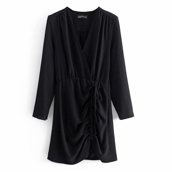 Femmes Été Vintage Mini Robe Crayon Plissée À Manches Longues Col En V Noir Noeud Papillon Femme Élégante Robes De Rue Robes 210513