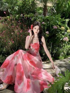 Vrouwen zomer vintage zoete roze ruches print slanke slip jurken elegant vierkante kraag verjaardag avondfeestje lange jurk bohemian