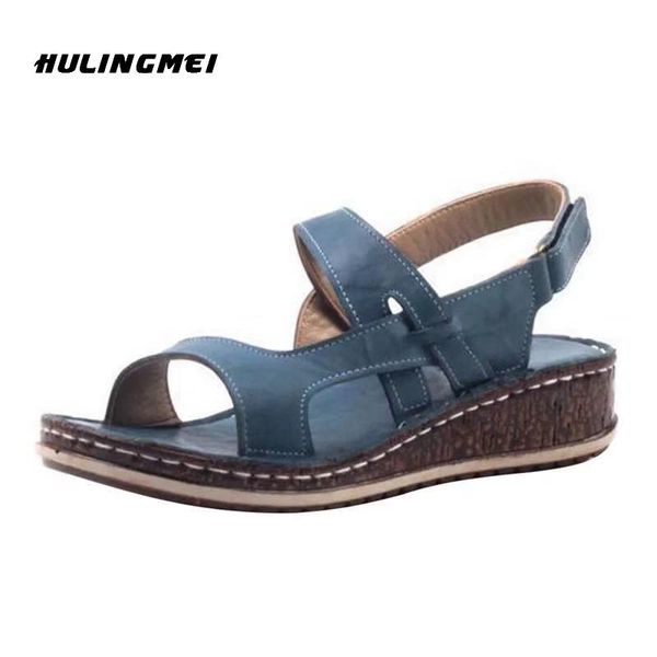 Sandalias de cuña de verano para mujer, zapatos planos de cuero PU para mujer, plataforma abierta, informal, para playa