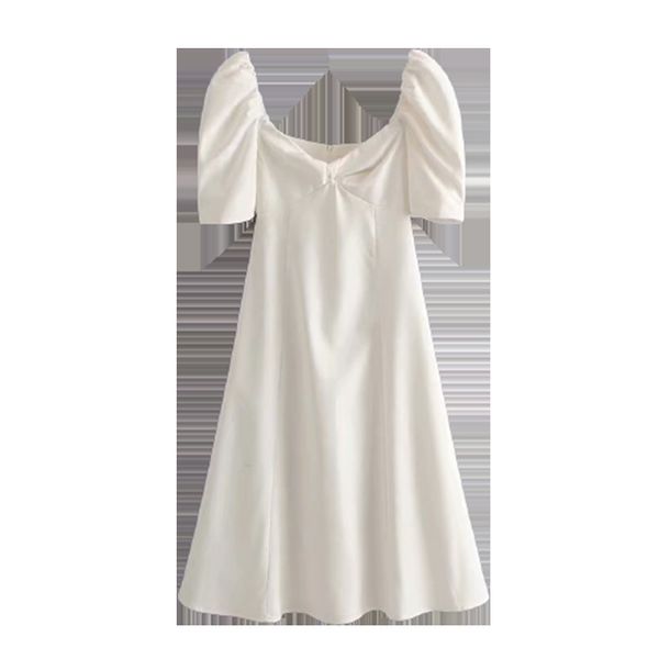 Femmes Summer White Vintage Sexy Chic Robe longue Twist V Cou Puff Manches A-Line Sundress 210520