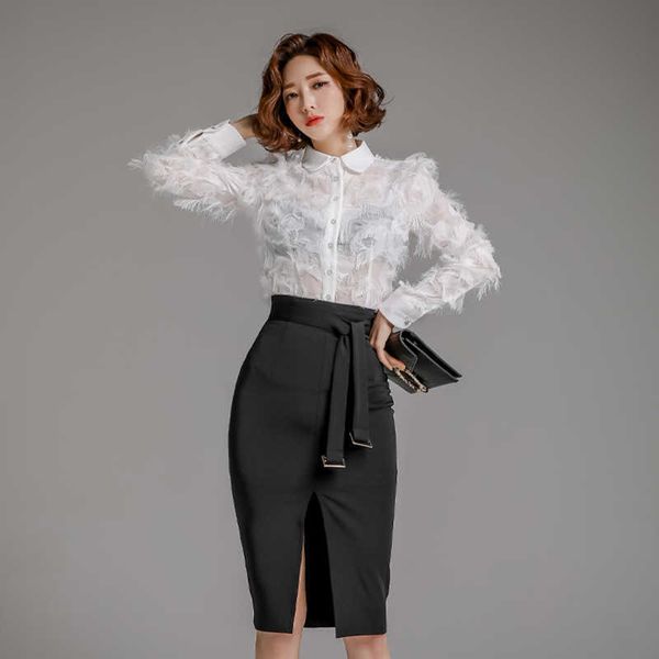 Women Summer Work Office Wear 2 Pieces Suits Sexy Tassel Blouses And Split Sheath Bodycon Pencil Skirt 210529