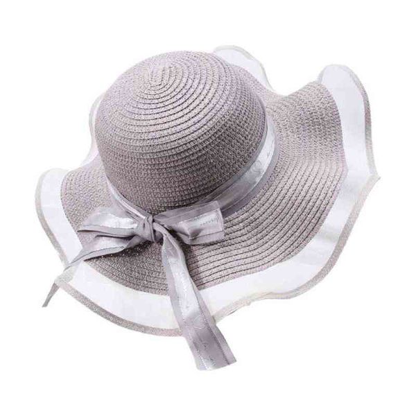 Sombrero con visera flexible de paja tejida de verano para mujer, malla con letras empalmadas, lazo, elegante, ondulado, ala ancha, protector solar Beac G220301