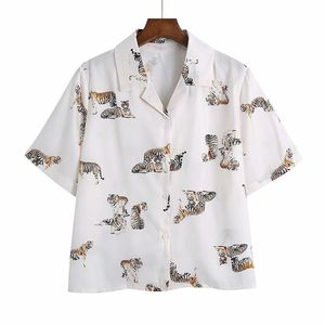 Vrouwen Zomer Za Shirts Tops Blouses Dierlijke Print Korte Mouw Gekleed Kraag Vrouwelijke Casual Straat Toppas Blusas 210513