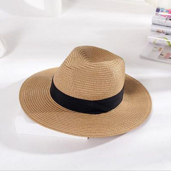 Femmes chapeau de soleil mode été parasol dames petit poivre paille large bord ruban décor pour plage vacances chapeaux Delm22