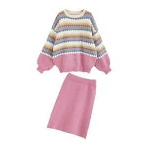 Vrouwen trui en jumpers Knitten Pullover Rok Roze Gestreepte Knitwear 2 Stuks Suit Losse Koreaanse Trek 210430