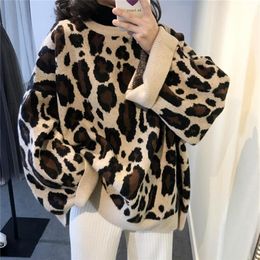 Vrouwen trui herfst winter o-neck luipaard print oversized trui losse gebreide trui casual pullover plus size jumper sweter 35 201221