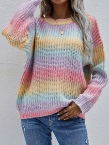 Pull décontracté à col rond pour femme, pull à manches longues, surdimensionné, cousu avec col rayé au crochet, couleur arc-en-ciel