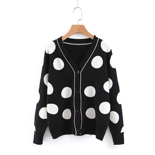 Femmes pull tricoté à manches longues noir blanc à pois Cardigans lâche col en V automne hiver élégant M0086 210514