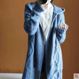 Femmes pull Midi Cardigans automne hiver 2023 vestes tricotées à manches longues coréen manteaux à capuche amples surdimensionné décontracté basique 240126