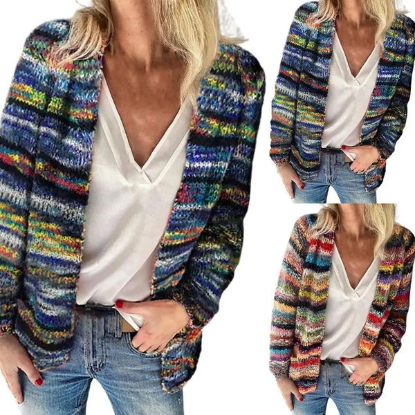 Suéter de mujer Rayas del arco iris Temperamento Otoño Invierno Manga larga Chaqueta de punto Abrigo para oficina 240228