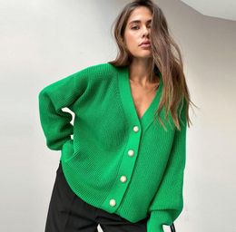 Femmes pull col en V solide Cardigan élégant à manches longues simple boutonnage automne hiver femme Streetwear haut tricoté