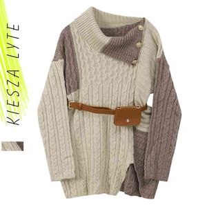 Dames Sweaters Herfst Winter Mode Contrast Kleur Trui Lange Mouw Knoppen Pullover Vrouw Gebreide Jumper Tops 210608