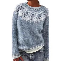 Chandails tricotés pour femmes, imprimé Fair Isle, rétro, décontracté, ample, col rond, manches longues, léger, court, hauts pullover