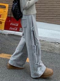 Femmes pantalons de survêtement Bow ruban épaississeur coréen mode haute taille simple décontracté pantalon de jambe large et pantalon droit féminin 240410