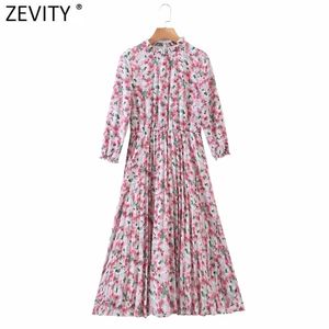 Vrouwen Sweet Agaric Lace Pink Floral Print Casual geplooid Midi Jurk Vrouw Drie Kwart Mouw Party Vestido DS4910 210416