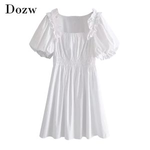 Femmes Doux Noir Blanc Robe Volants Puff Manches Courtes Élégant Chic Mini Taille Élastique Plissé Coton es 210515