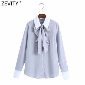 Vrouwen Sweet Bow Gebonden ruches Deocraion Stripe Shirts Office Dames Patchwork Casual Roupas Chic Femininas Tops LS7389 210416