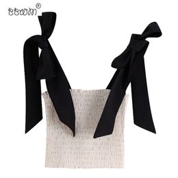 Femmes Sweet Fashion Elastic Cropped Blouses Vintage Sexy Dos Nu Bow Tie Sangles Chemises Filles Chic Tops 210520