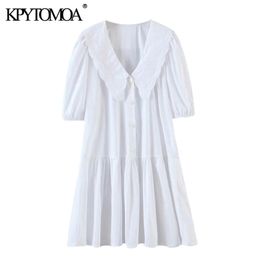 Femmes Sweet Mode Broderie Broderie Chromé Blanc Mini Robe Vintage Peter Pan Collier Pan Manchon Femme Robes Mujer 210416