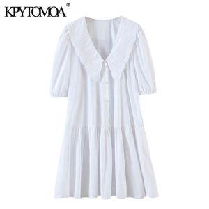 Femmes Sweet Mode Broderie Broderie Chromé Blanc Mini Robe Vintage Peter Pan Collier Pan Manchon Femme Robes Mujer 210416