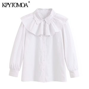 Vrouwen zoete mode borduurwerk gegolfd witte blouses blous puff sleeve knoppen vrouwelijke shirts Blusas chique tops 210420