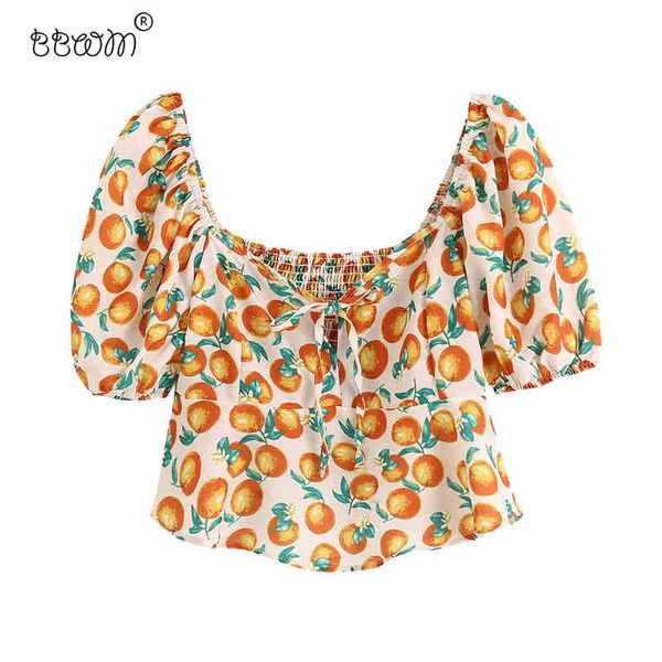 Femmes Doux Mode Fruits Imprimer Blouses Courtes Vintage Femme Manches Bouffantes Dos Élastique Chemises Casual Filles Chic Tops 210520