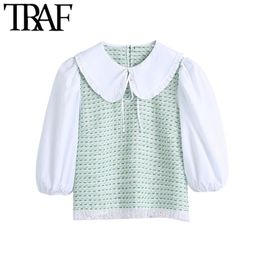 Femmes Sweet Fashion Patchwork Tweed Blouses Vintage Peter Pan Collier Effiloché Hem Femme Chemises Blusas Chic Tops 210507