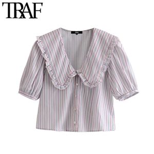Femmes Sweet Fashion Peter Pan Col Blouses rayées Vintage Puff Sleeve Bouton-up Chemises féminines Blusas Chic Tops 210507