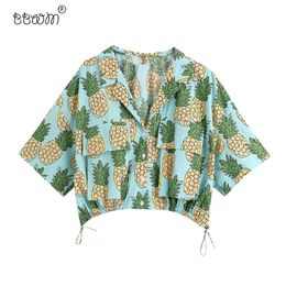 Femmes Sweet Fashion Ananas Imprimé Blouses Courtes Vintage À Manches Courtes Cordons Réglables Chemises Filles Chic Tops 210520