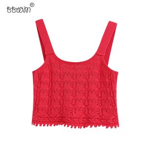 Femmes Sweet Fashion Rouge Court Blouses Tricotées Vintage Sans Manches Sangles Chemises Filles Casual Chic Tops 210520