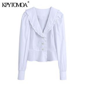 Femmes Sweet Fashion Ruffle Trim Cropped White Blouses Puff Sleeve Gem Buttons Femme Chemises Chic Tops 210420