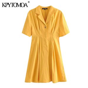 Vrouwen zoete mode enkele knoppen geplooid mini-jurk vintage revers kraag korte mouw vrouwelijke jurken vestidos 210416