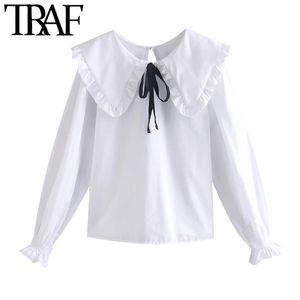 Femmes Sweet Fashion avec Bow Tie Blouses lâches Vintage Peter Pan Collier à manches longues Chemises féminines Chic Tops 210507