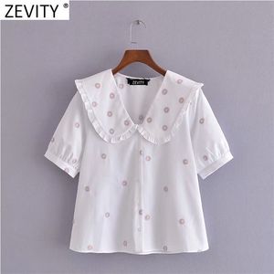 Femmes Sweet Floral Broderie Casual Smock Blouse Femme À Manches Courtes Plissé Volants Chemises Chic Chemise Blanche Tops LS9258 210416