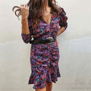 Femmes doux motif floral mini robe sexy col en V profond à manches longues slim fit mignon femme casaul robes élégantes vestidos 210430