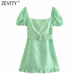 Mujeres Fajas de estampado floral dulce Mini Vestido Femenino Femenino Chic Summer Puff manga PLUJA Ruffles Slim Vestido DS8310 210420