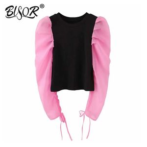 Vrouwen Zoete Organknitted Blouse Geplooid Puff Long Sleeve O Hals Stretchy Shirt Vrouwelijke Vintage Casual Pink Tops Blusas 210430