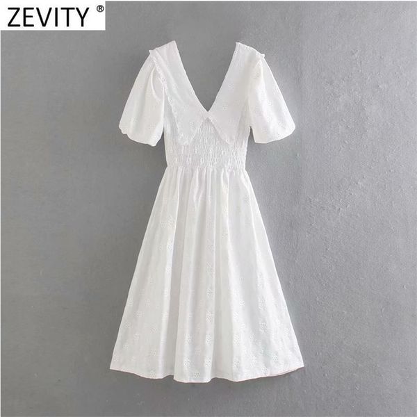 Femmes doux col claudine évider broderie décontracté mince blanc robe mi-longue Femme Chic manches bouffantes Vestido DS8266 210420