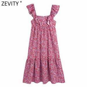 Vrouwen zoete rode bloemen print ruches sling midi jurk vrouwelijke kant rits boho vestido chique casual zomerjurken DS8317 210416