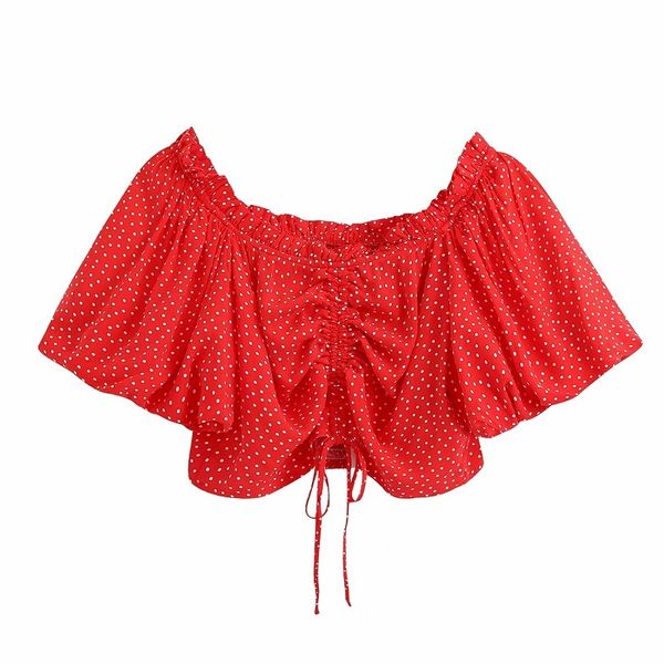 Femmes doux rouge à pois Blouses courtes Vintage manches bouffantes cordons réglables Smocks filles Chic hauts 210520