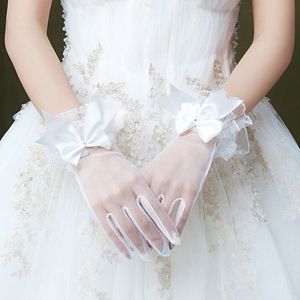 Vrouwen zoete bruiloft sheer korte handschoenen handgemaakte kralen bowknot decor bruids prom feestjes wanten
