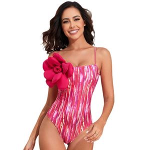 Vrouwen zwempak één stuk badpak roze strepen print monokini spaghetti riem badkleding met bloemapparken
