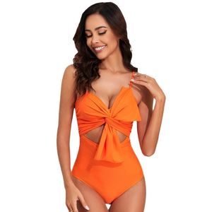 Dames zwempak één stuk badpak sexy oranje verbanden Cutout monokini spaghetti riem wrap strand badmode wrap