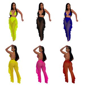 Femmes maillots de bain dentelle translucide plis pantalon maillot de bain Net fil Sexy Six couleurs deux pièces Bikini extérieur CWT