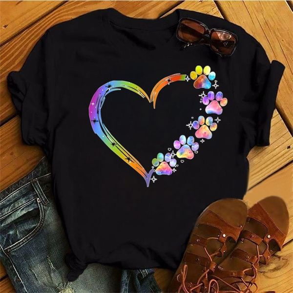 Camiseta de mujer, camisetas de dibujos animados, camiseta colorida con estampado de pata de perro y corazón, camiseta de verano para mujer, camiseta de manga corta para chicas de los años 90, camisetas negras 220527